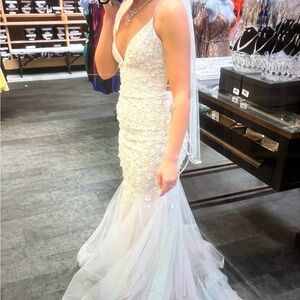 Elegant White Sequin & Pearl Lace Gown with matching Vale